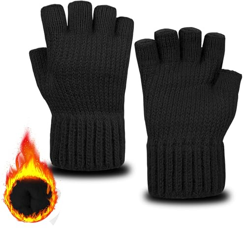 ehsbuy Fingerless Gloves for Men Thermal Soft Fleece Lined Half Finger Winter Warm Knitted Gloves for Working Driving Cycling Outdoor Sports