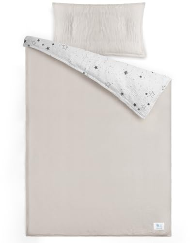 lulumoon Juego de Ropa de Cama Infantil de Muselina de 100 x 135 cm, Funda nórdica de 100 x 135 cm y Funda de Almohada de 40 x 60 cm, de algodón, Ligera y cómoda, Color Gris y Verde, 100 x 135 + 40 x