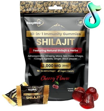BeepWell Shilajit Gummies 3000 mg – 10-i-1 Himalaya-komplex med Fulvinsyra & 85+ Spårmineraler – med Ashwagandha – Veganska Gummies med Körsbärssmak – Kosttillskott – 60 st