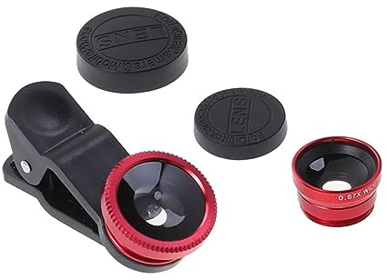3-in-1 zum Aufclipsen Handykameraobjektiv für Smartphone und Tablette | Fisheye, Makro und Superweitwinkel, Rot, Aluminiumlegierung und Glas, Wasserfest, Präzise Fokus
