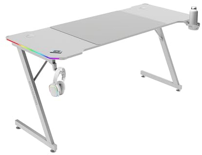 Mars Gaming MGD-X160RGB, Mesa Gaming Ergonómica, Iluminación ARGB con Mando, Fibra de Carbono, Alfombrilla XXL, Soporte Auriculares y Bebida, Gestión Cableado, Escritorio Gaming 160x60cm, Blanco