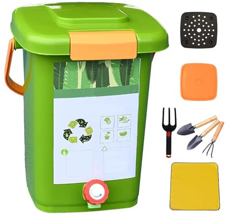 Bidone per compost da banco con coperchio e bicchiere, capacità 15 l, design salvaspazio, facile da trasportare, cestino per compostaggio esterno per la raccolta di compost liquido, stile 3