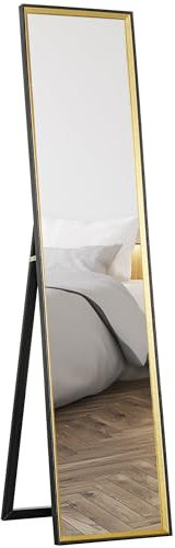 HOMCOM Specchio da Terra a Figura Intera con Supporto Posteriore e Cornice, Specchio da Parete in MDF e Vetro con Pellicola Protettiva Antisfondamento, 37x3x157 cm, Nero e Oro