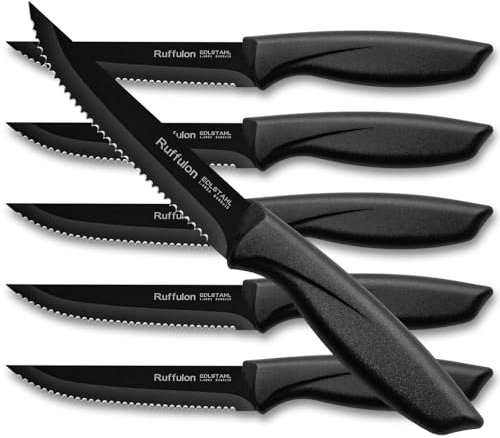 Ruffulon Profi Steakmesser Set,6-teilig Extra Scharfe Küchenmesser Set,Edelstahl Steak Messer Set mit Wellenschliff,Robuster Kunststoffgriff Steakmesserset,Steakbesteck Messerset,Schwarz