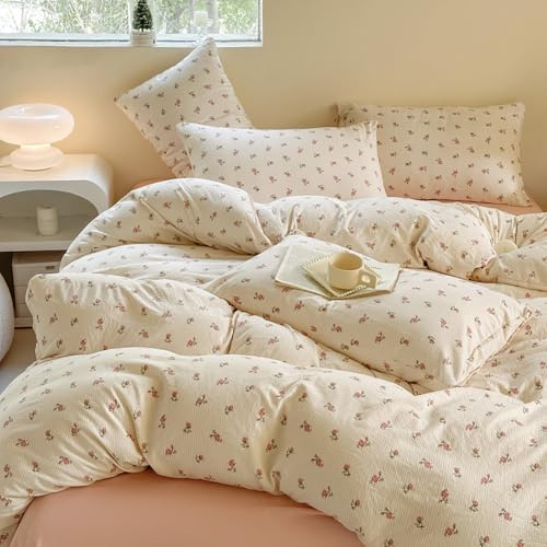 Bettwäsche 155x220 Beige Rosa Kleine Blumen Bettbezug + Kissenbezug 80x80cm | Bettwäsche Set 2 Teilig, Blümchen Blumenmuster, Botanisch, Landhausstil, Blüten, Aesthetic, Microfaser, Reißverschluss
