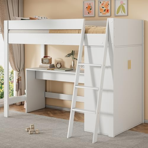 Kinderbett Etagenbett 90x200 cm, Hochbett mit Kleiderschrank und Schreibtisch, Funktionsbett Holzbett mit Lattenrost und Rausfallschutz, Einzelbett Stockbett Spielbett Jugendbett, Ohne Matratze, Weiß