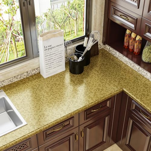 VaryFloral Gold Wallpaper 30cmx300cm Modern Thick Self Adhesive Wallpaper Gold Foil Mosaic Contact Paper Luxury Textured Vinyl Wrap Waterproof Removable Sticky Back Plastic Roll for Furniture Cabinets