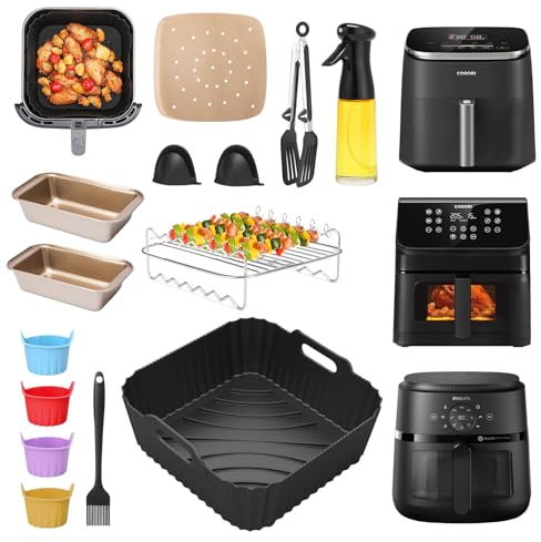 ENSINE Air Fryer Accessories for Philips Air Fryer 2000 Series 6.2L, Compatible with COSORI TurboBlaze 6L/6.2L, Included Silicone Liners,Racks, Muffin Cups,loaf Tins,Food Tongs, Paper Liners,Gloves.