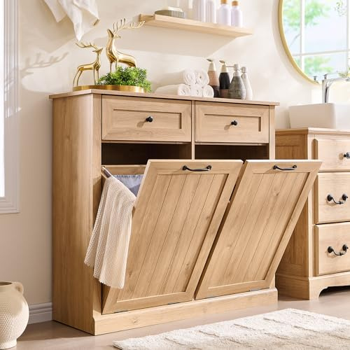 IFBUY Double Tilt Out Laundry Hamper Cabinet, Trash Cabinet, Natural