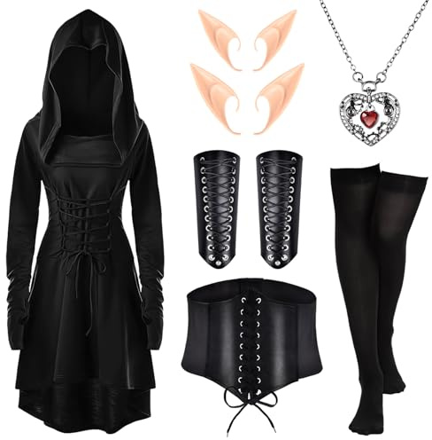 Herefun Vestito Medievale Donna, Abito Rinascimentale con il Cappuccio, Vestiti Gotici Costume con Calzini Sopra il Ginocchio per Carnevale Halloween Feste Cosplay (black, L)