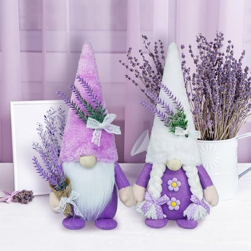 ACAREY Lavendel Deko Wichtel, Frühling Sommer Herbst Deko Wichtel mit Schmetterling, Plüsch Rudolph Puppe Schwedischer Tomte Wichtel, Geschenke für Freundin Mama Hochzeitstag Muttertag (2 Stück)