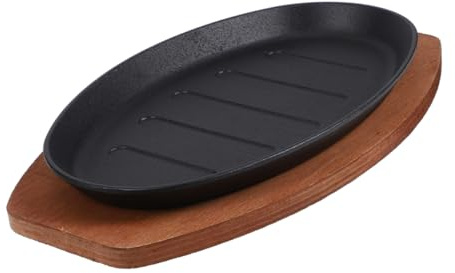 OFFSCH Gusseiserne Grillplatte mit Holzsockel 30cm für Gleichmäßige Wärmeverteilung und Grillstreifen für Küche und Outdoor Barbecue