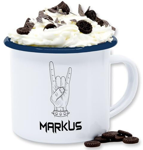 Emaille Tasse Blechtasse - & - Heavy Metal Handzeichen Pommesgabel mit Name personalisiert I Metalhead Geschenk Metal Fan I Rockiges Geschenk Rock Fan I Rocker - 300 ml - Weiß Blau - fans