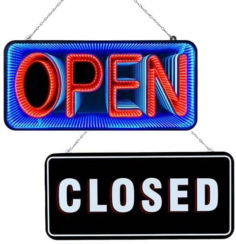 FITNATE Open & Closed Neon Signs, 54x25cm, Double-Sided Infinity Mirror LED Light Sign for Business, 10 Lighting Modes, Plug-in 12V/2A Safe Power Supply, Hanging Chain Included