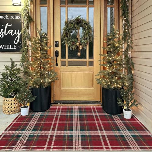 Othilic Christmas 3x5 Entry Rug Non-Slip Indoor Outdoor Mats for Front Door | Washable Porch Rug Red Holiday Tartan Plaid Small Throw Rugs for Living Room Bedroom Entryway Kitchen Office Porch Decor