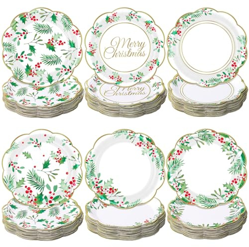 Gerrii 60 Pcs Christmas Party Plates 7 Inch Holly Berries Disposable Paper Plates Winter Red Green Decorative Dessert Dinner Favor for Xmas Christmas Party Holiday Supplies