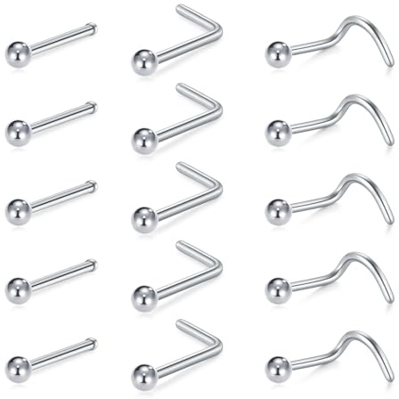 Crdifu 18G 7mm Nasenpiercing Stecker Silber, 1mm Dünn Nasenstecker Set L Form Gerade Gebogen Spirale, 15 Stk Nase Piercing Stecker 316L Edelstahl Kugel, Piercing Nose Nostril Set für Frauen Männer
