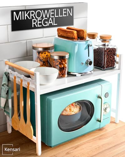 Kensari Soporte Microondas Extensible - Estanteria Microondas con Altura Ajustable y Asas de Madera - Mueble Coffee Corner Blanco con Estante - Organizador Encimera Cocina para Electrodomesticos