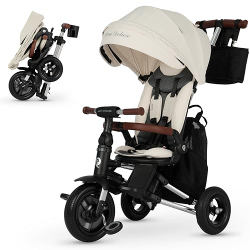 QPlay Carrito Evolutivo Nova Deluxe, con Asiento Giratorio, Plegado Compacto, Capota Ajustable, Cuero Hecho a Mano, Reposapiés y Frenos - Para Niños de 10 a 36 Meses (Beige)