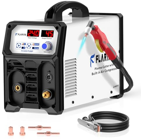 FLARING 240V Plasma Cutter With Built In Air Compressor 45A IGBT Inverter Digital Plasma Cutting Machine, 3/8 Inch Clean Cut And 5/8 Inch Max Cut High Frequency (No External Compressor Needed)