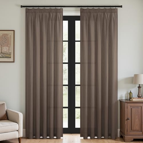 Topfinel Tenda Velata in Lino Naturale Lino Scuro 140x240 cm (LxA) Per Soggiorno e Camera Da Letto, Stile Bohémien, Velata Moderna Per Finestra, Tenda Semi-Oscurante Per Binario, Set Da 2.