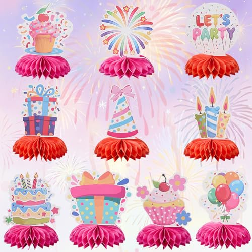 PRESSINART 10Pcs Happy Birthday Honeycomb Centerpieces Colorful Table Toppers Cupcake Fireworks Balloons Hat Pattern Paper Table Topper for Birthday Home Office Party Display Decorations Supplies
