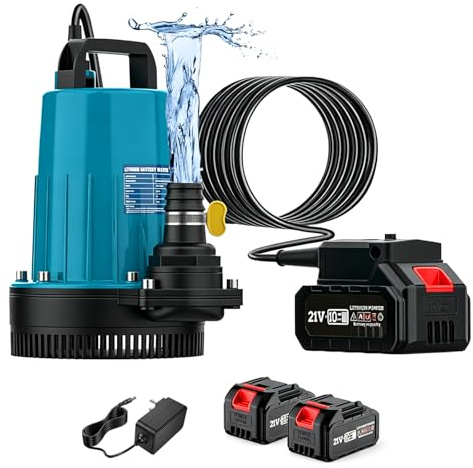 Pompa Sommersa a Batteria, 11000 L/H Pompa Dell'acqua Senza Fili con Cavo di Collegamento da 5m, Batteria da 21V e Caricabatteria, per Piscina, Letto ad Acqua, Irrigazione del Giardino