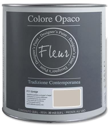 FLEUR DESIGNER'S PAINT | Pittura Chalk Paint Opaca, 2,5 L, Senza Carteggiare, Multisuperficie, Colore F11 Greige, Effetto Gesso, Per Pareti e Mobili, Extra Opaco, Ad Acqua, Made in Italy