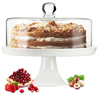 Campana di vetro porta torta o formaggio, con base in porcellana e piatto per torta