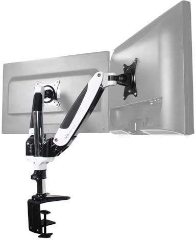 hjh OFFICE Monitorhalterung 2-Arm 15 – 27 Zoll VM-MG2S Alu Weiß/Schwarz Monitorarm mit Gasfeder, pro Arm bis 8kg belastbar 802030