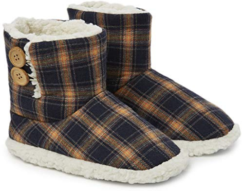 Dunlop Boots Slippers for Women Memory Foam Faux Sheepskin House Shoes (Navy/Mustard, 7 UK, numeric_7)