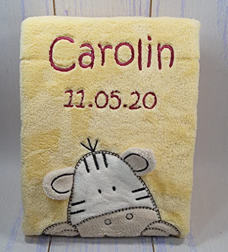 Babydecke mit Namen und Datum bestickt Baby Geschenke Geburt (Gelb - Zebra)