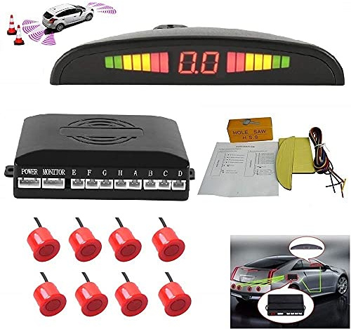 TOTMOX Car Reverse Parking Radar System 8 Reversing Sensors Kit with Front and Rear Alarm Buzzer Reminder LED Display Safe Driving, Car Parking Sensor, Red