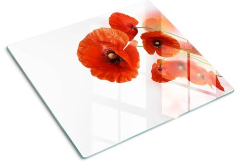 Glasschneidebrett 60x52 cm Hitzebeständig Gehärtetes Glas Rutschfest Silikonfüße Plastikfrei Lebensmittelecht Dünn Glasplatte Antibakteriell Dekorativ für die Küche - Mohnblumen