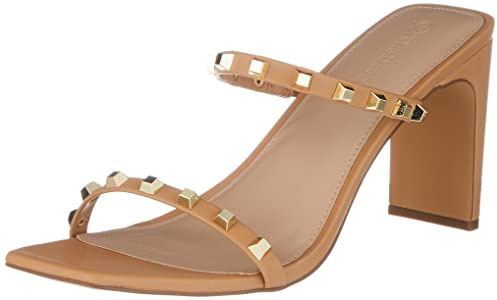 The Drop Avery Sandalia de tacón alto con dos correas y puntera cuadrada para Mujer, Doe Tan Studded, 39 EU
