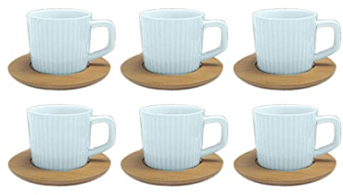 Hogar y Mas Juego 6 Tazas CAFÉ con Plato BAMBÚ Azul Claro 100ML Natura