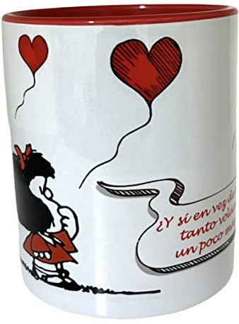 Taza Mafalda – “¿Volamos más alto?” – Taza de Cerámica 350ml con Diseño Original, Interior Rojo, Apta para Lavavajillas y Microondas, Regalo Ideal para Fans de Mafalda y el Humor Gráfico
