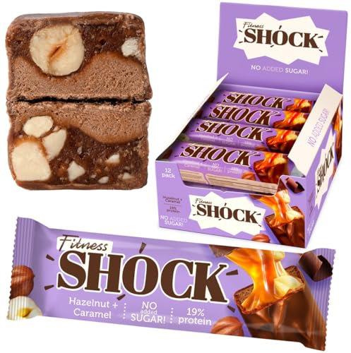 FitnesSHOCK Protein Bars Low Carb, 10g Protein & Fiber Snack – No Sugar Added, Palm Oil & Flour Free | Hazelnut Caramel | 12x50g