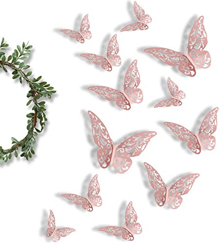 12pcs 3D Butterfly Wall Stickers,Wall Stickers Art Decor Crafts,Butterfly Wall Decals,3 Sizes Butterflies Decor Butterfly Decals for Kids Bedroom Classroom Wedding Cakes Decor DIY Gift(Rose Gold)