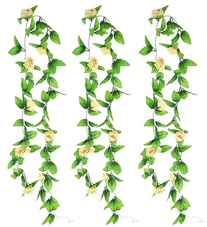 SKYPRO 3 Stück Rosenranken-Grünpflanzen-Blättergirlande Künstliche Blumen Pflanzen für Hotel, Hochzeit, Heim, Party, Garten, Handwerk, Kunst, Dekoration (Champagner)