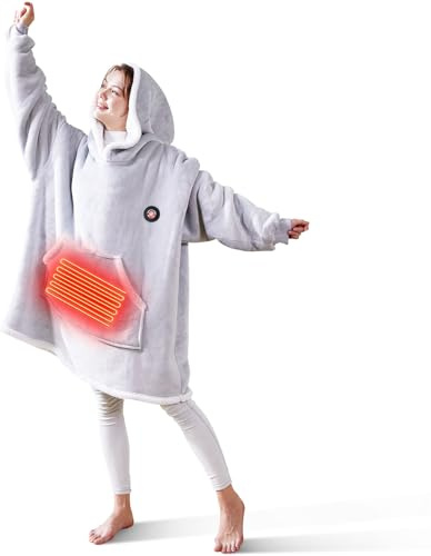 Mia&Coco Beheizte Hoodie Decke Damen Herren, 3 Heizstufen und 2 Stunden Abschaltautomatik, Übergroße Kapuzendecke mit Tasche Nach Öko-Tex-Standards, Batterie Nicht im Lieferumfang Enthaltenit