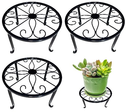 SMELEYOU Pflanzenhocker Blumenhocker Outdoor BlumenstäNder Metall Pflanzenständer 3pcs 24 cm schwer rostbrichtsblüten Pot Ständer Vintage Style Round Pflanzgefäß Pflanzentrupps Rack Schwarz