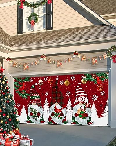 Décorations de porte de garage lavables réutilisables à suspendre - Bannière de porte de garage - Gnomes et rouges-gorges - Toile de fond pour décoration intérieure et extérieure - 213 x 483 cm