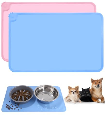 2-teiliges Set Napfunterlage Hund Katzen, wasserdichte und rutschfeste Silikon Fressnapf Unterlage, Futtermatte, Anti-Rutsch Haustier Fütterung Matte für Futternäpfe Wassernapf (Rosa & Blau, 48x30CM)