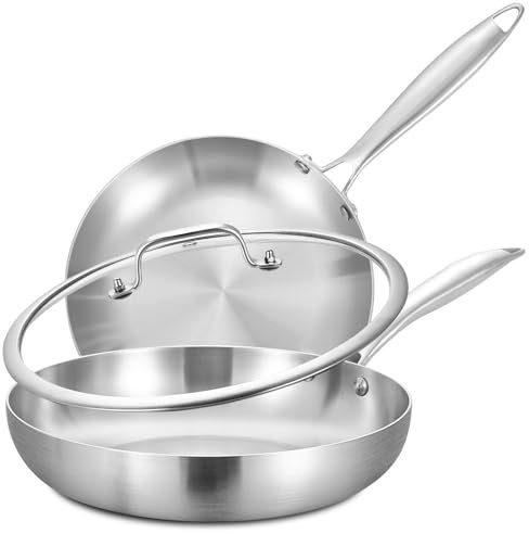 LOLYKITCH Set di padelle a tre strati in acciaio inox da 20-30 cm, con coperchio, padelle, padelle a induzione, lavabili in lavastoviglie e utilizzabili in forno, manico rivettato