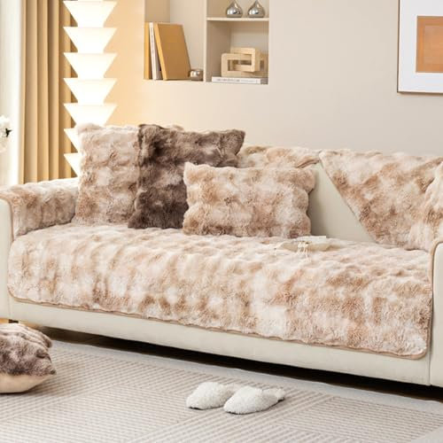 ZCXRYFL Weicher PlüSch Sofabezug 1 2 3 4-Sitzer rutschfest Couch üBerzug FüR Leder/Holz/Stoff Sofa L U-Form Ecksofa Sofaschoner Katzenpfoten Kratzfest Baby Krabbelt Decken(90X240cm,Khaki)