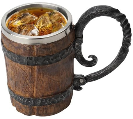 Lumiscent Beer Drinking Cup - 550ml Wooden Barrel | Beer Mug with Handle | Leak-Proof Beer Tankard | Stainless Steel Coffee Mug | Double Wall Drinkware | Medieval Cocktail Mug for Beer and Coffee