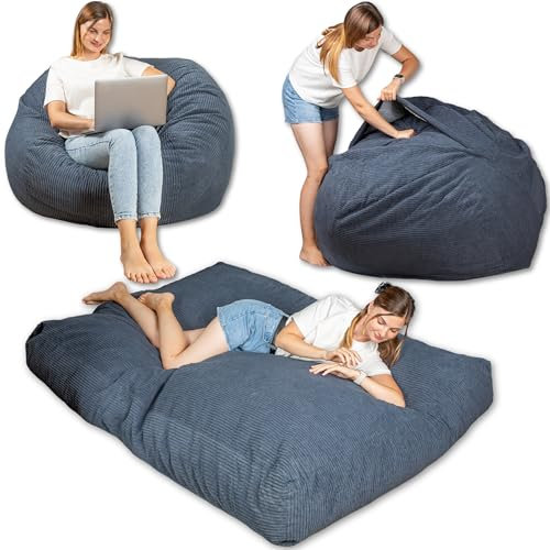 bananair - Sitzsack Bett XXL, Verwandelt Sich Mühelos In Eine Bequeme Und Weiche Bodenmatratze – Cordstoff Und Schaumfüllung – Vielseitiges Bean Bag Bed, Futon, Faltbare Matratze (Nachtblau)