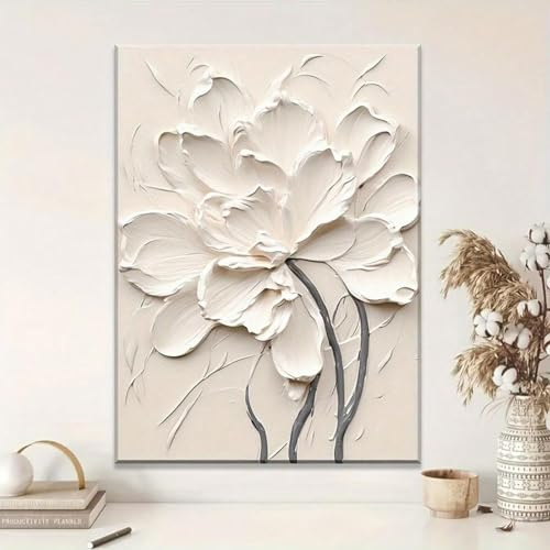 XBTYKPB Arte de pared con flores blancas, obra de arte en lienzo con flores en relieve, pósteres florales cremosos, decoración de pared para baño, impresiones artísticas, marco de 40 x 60 cm