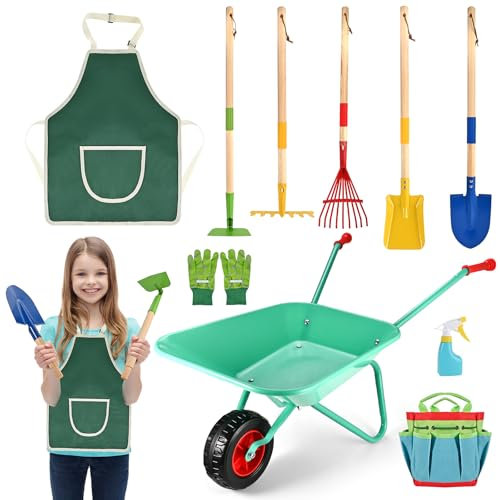 Tigvio 10 Stück Kinder Gartengeräte mit Schubkarre Kinder, 5pcs Gartenwerkzeug Schaufel Set, Handschuhe, Schürze, Gießkanne, Aufbewahrungstasche, Kinderschubkarre Geschenk für Gärtner